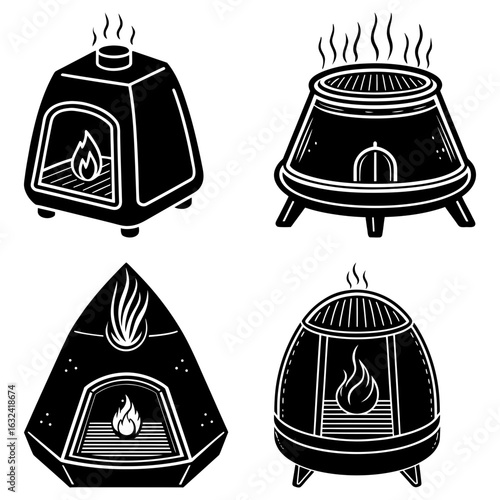 Various black and white stoves with flames and smoke in different shapes and orientations displayed nicely