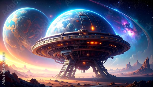 Fototapeta Naklejka Na Ścianę i Meble -  Futuristic space station orbiting alien planet