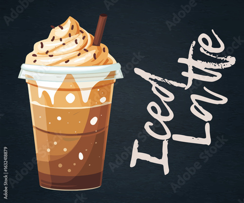 Cartoon Iced Latte with Whipped Cream Vector Icon Isolated on Black Chalkboard. Refreshing illustration of a delicious coffee mix topped with whipped cream. The cold beverage is served in clear glass