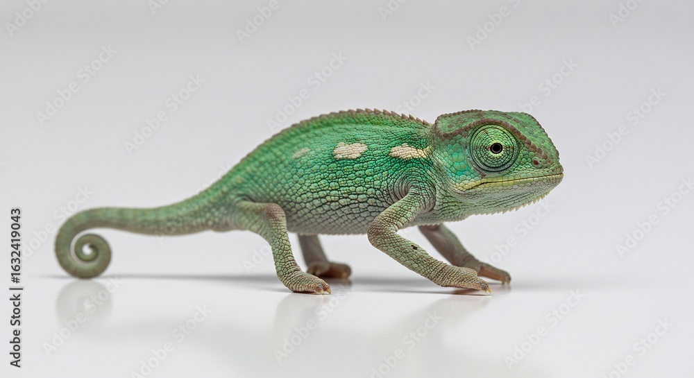 Fototapeta premium Juvenile chameleon gracefully poses soft light illuminates vibrant green scales. AI Generated