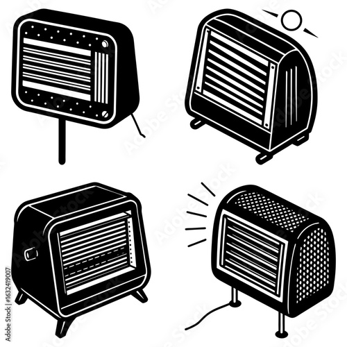 Illustration of four different retro style space heaters with varying designs and features shown in black and white
