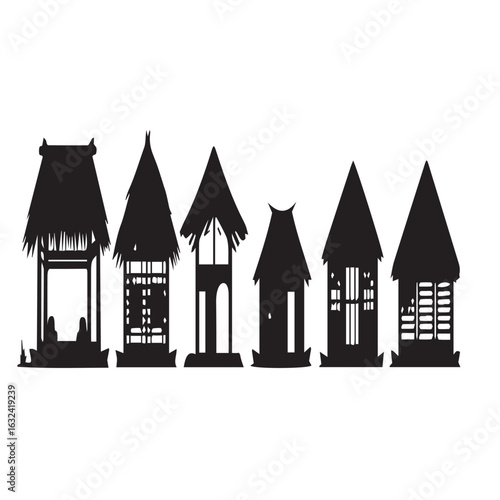 Vector art of collection of traditional huts with thatched roofs, isolated on white background