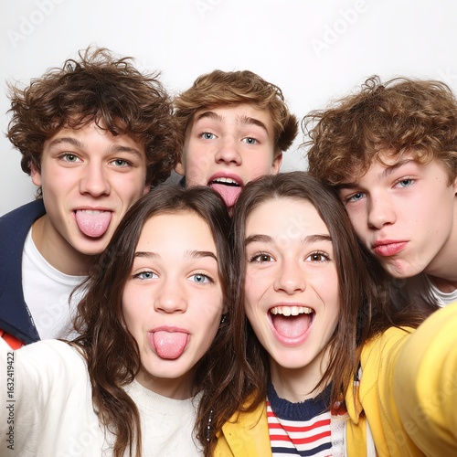 Group selfie of teenagers friends making funny faces and sticking tongues out for social media post photo booth