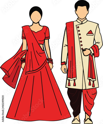 North Indian Wedding Couple Red Lehenga Beige Sherwani Vector - Traditional Bridal