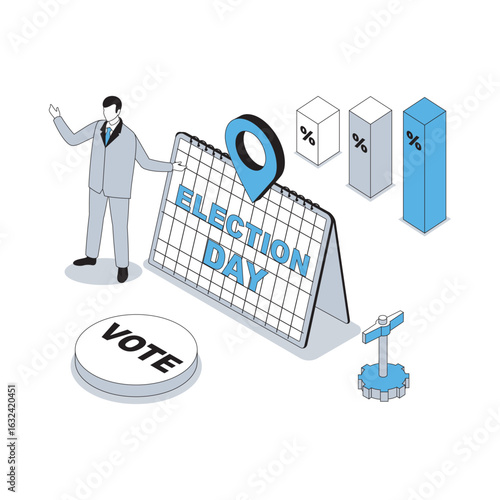 Election and voting 3d isometric concept with isometry people design for web. Man doing political agitation before election day, making ratings analysis and preparing to vote. Vector illustration