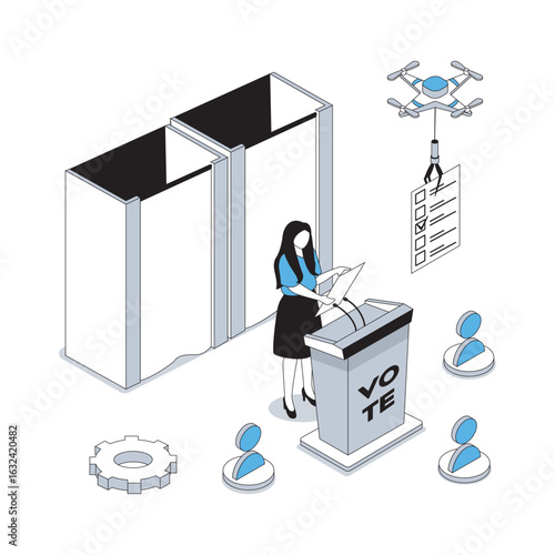 Election and voting 3d isometric concept with isometry people design for web. Woman doing political agitation speech, voters go on polling station with lists, making choice. Vector illustration