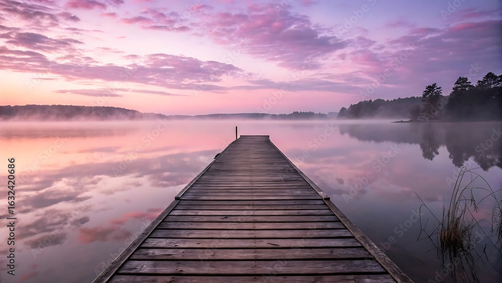 Obraz premium Solitary Wooden Dock at Dawn on a Misty Pink Lake – AI Generated 