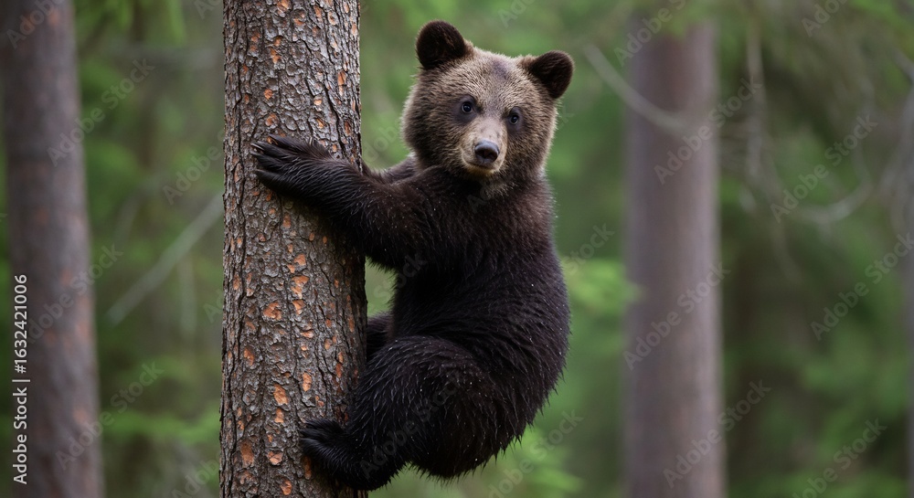 Fototapeta premium Young brown bear climbs tree softly dappled sunlight filters through leaves. AI Generated