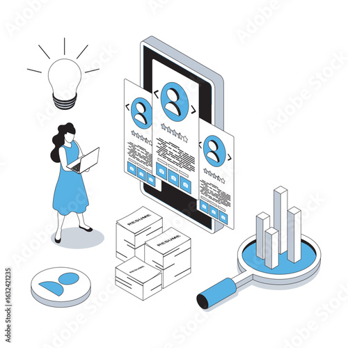 HR process 3d isometric concept with isometry people design for web. Woman choosing candidate resume and applicants review from last jobs, finding best human resource in team. Vector illustration