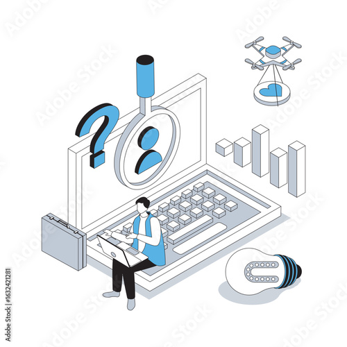 HR process 3d isometric concept with isometry people design for web. Headhunter choosing candidate resume, researching best human resource in team, recruiting and managing staff. Vector illustration