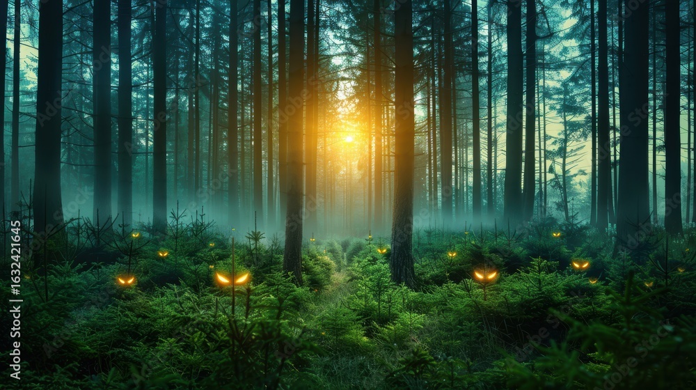 Obraz premium Enchanted Forest at Sunrise with Glowing Eyes in the Misty Woods