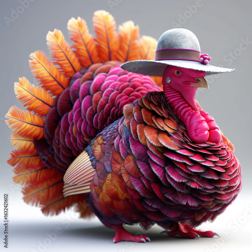 Fancy Turkey in a Hat: A vibrantly colored turkey, adorned with a stylish hat, strikes a pose, showcasing its unique plumage and whimsical charm.