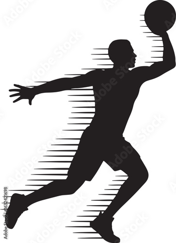 Silhouette of a basketball player dribbling with speed lines sport athlete