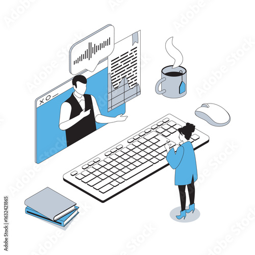 Online education 3d isometric concept with isometry people design for web. Woman watching video lecture with teacher, preparing to lessons and examining at conference meeting. Vector illustration