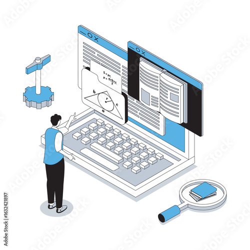 Online education 3d isometric concept with isometry people design for web. Man reading math books and textbook at computer, studying at e-learning platform with in virtual library. Vector illustration