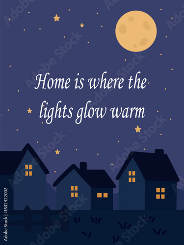A warm and comforting greeting card showing a row of cozy homes at night under a starry sky. The quote “Home is where the lights glow warm” brings a heartwarming touch — ideal for housewarming