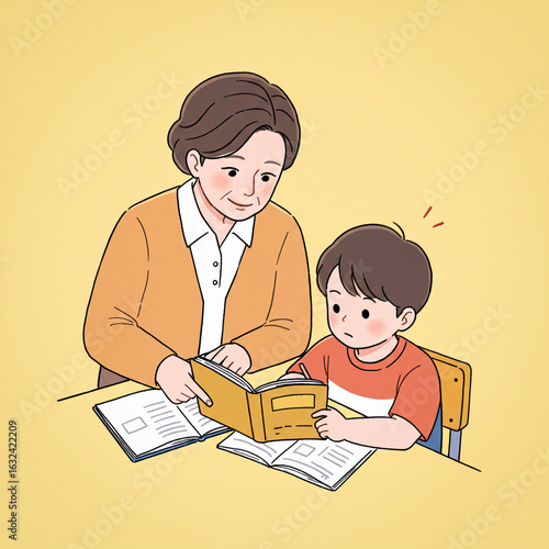 Vector illustration of warm educational moments - A woman helps her little boy hold a workbook on a table, they are engaged in a relaxing educational activity on a soft yellow background