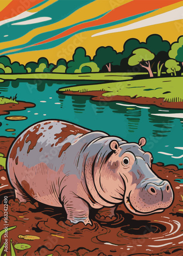 Hippos Soaking In River Mud Illustrator Artwork