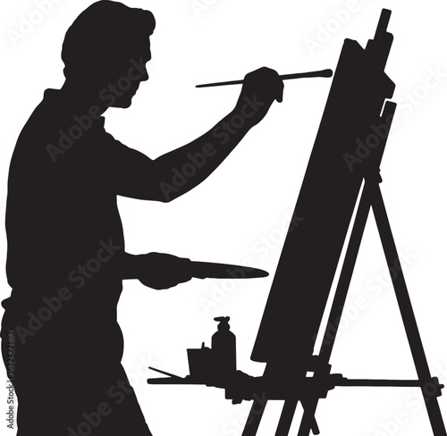 Silhouette of a Male Artist Painting on a Canvas on White Background easel
