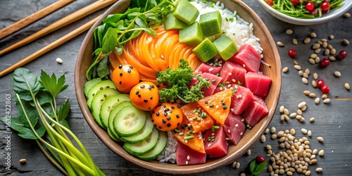 A delicious poke bowl featuring fresh tuna, rice, and a variety of colorful toppings, creating a flavorful and satisfying meal presented in a rustic setting