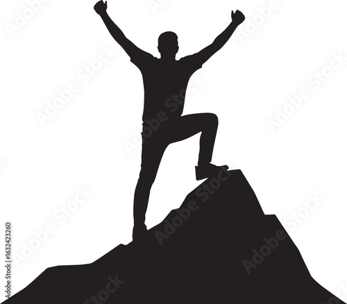 Silhouette of a Man Standing on Mountain Peak with Arms Raised summit