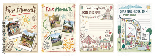 Set of four posters featuring fair-themed invitations with playful illustrations and vibrant photos