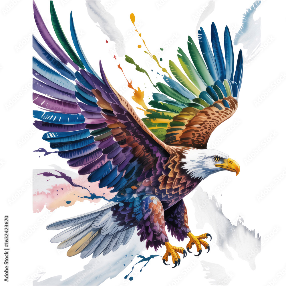 Fototapeta premium Majestic Rainbow Eagle in Flight Artistic Watercolor Splash Design