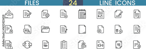 Files Line Icons Set, 24 Minimalist Vector Icons, Documents, Folders, File Management, Data Organization