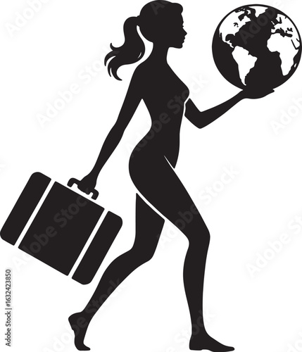 Silhouette of a woman holding a globe and a suitcase on a white background travel