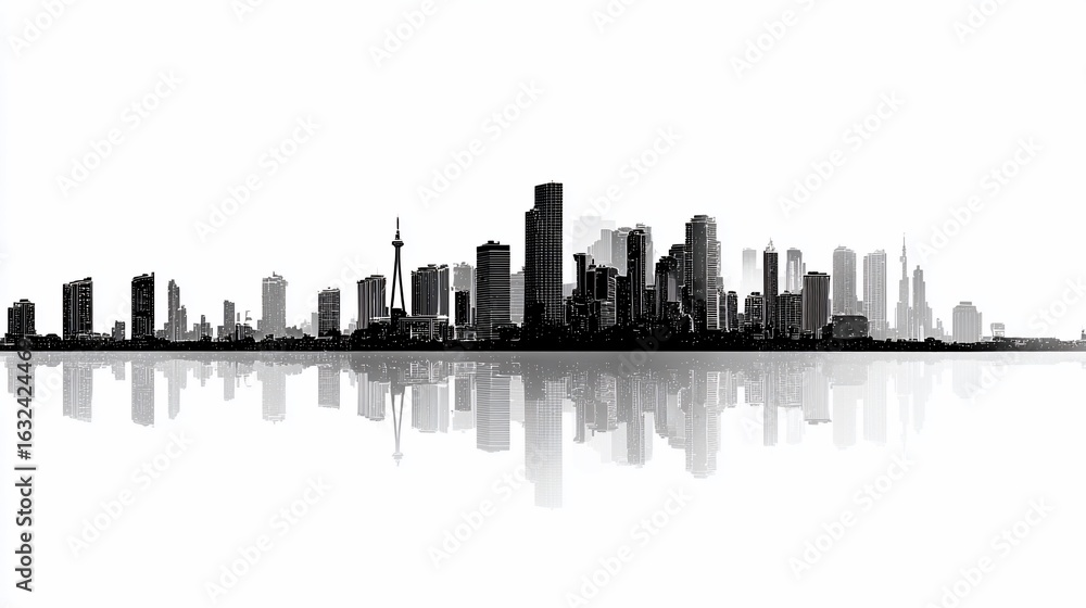 Naklejka premium Silhouette of a modern city skyline reflected on water