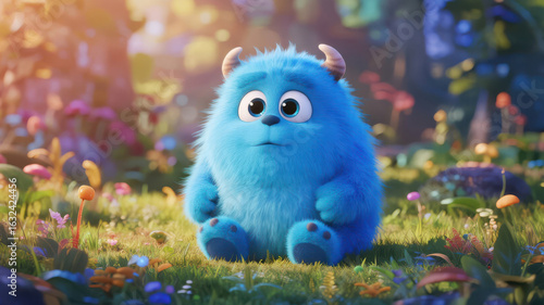 Blue Furry Creature Sitting in a Sunlit Forest Clearing