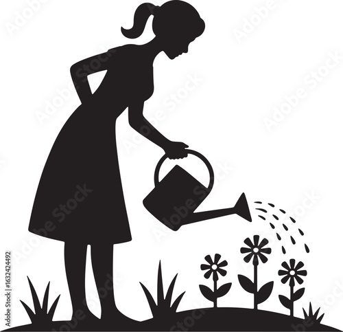 Silhouette of a woman watering flowers in a garden girl