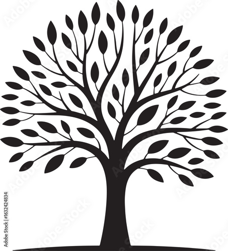 Stylized Black Tree Silhouette With Many Branches And Leaves On White nature