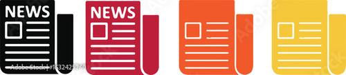 Four Stylized Newspaper Icons in Black Red Orange and Yellow media press