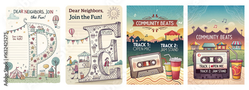 Set of four posters featuring a neighborhood event with music, open mic, jam stands, and activities