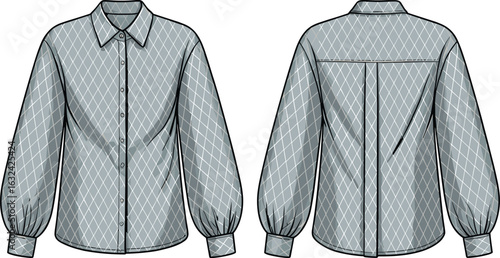 Diamond pattern shirt front and back, long sleeve, button-up, collar, cuffs, yoke, pleat, fashion garment, textile, clothing design