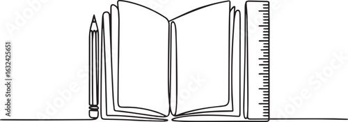 Continuous one line drawing of an open book with a pencil and ruler on top, symbolizing education, learning tools, and creative study

