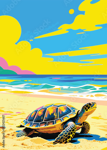 Turtle On The Beach Creative Illustrator Artwork 