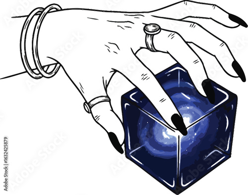 Hand Holding Galaxy Cube, Cosmic Power, Celestial Mystery