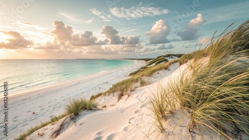 Wallpaper Mural Golden hour sunset over a serene beach with rolling sand dunes and grassy vegetation Torontodigital.ca