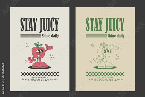 playful retro-style poster featuring a cute cartoon apple character with positive quotes, vector illustration