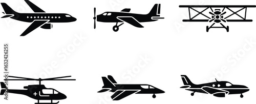  collection of diverse airplane icons, including jet, helicopter, and biplane, representing air travel and aviation isolated on white background
