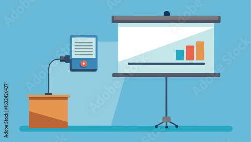 A pulldown projection screen and a portable projector for presentations.