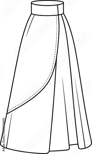 Flat vector CAD sketch of women’s maxi skirt with curved overlay panel, waistband, elegant flare hem, fashion illustration design.