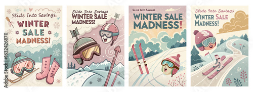 Set of four retro-style posters with playful skiing and snowboarding illustrations for winter sale