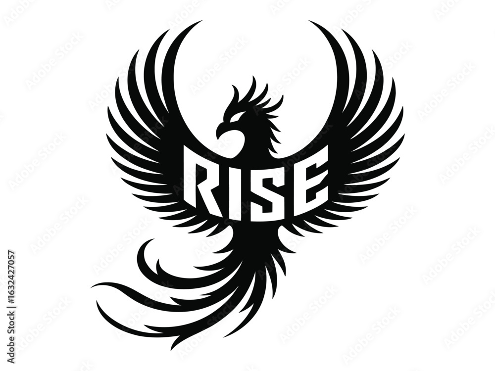 Fototapeta premium Mythical phoenix bird symbol with the word RISE on its body. A powerful graphic illustration of a majestic firebird representing rebirth, strength, and new beginnings.