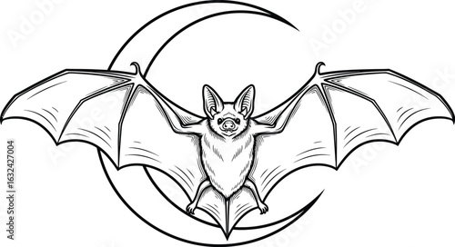 Detailed bat with outstretched wings on a crescent moon, evoking Halloween, gothic themes