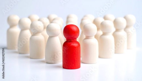 Single Red Wooden Figure Among Many White Ones
