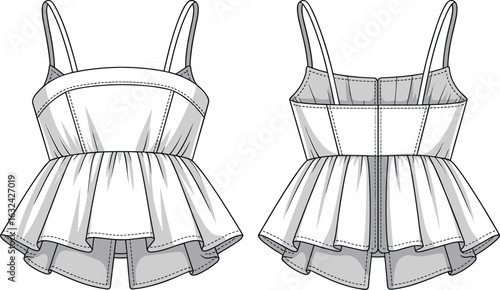 Sleeveless peplum top sketch, spaghetti straps, fitted bodice, flared hem, fashion illustration, garment design, sewing pattern, clothing template, apparel drawing