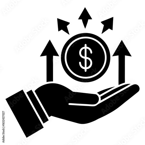 Hand holding dollar coin. Flat black and white icon of a hand giving money with arrows, lender or investor icon
